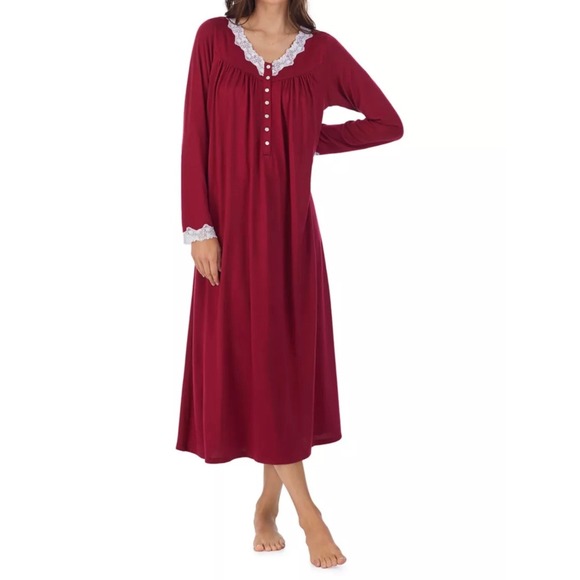 Eileen West Other - Eileen West Lace Trim Long Sleeve Nightgown Wine Red Ballet Length